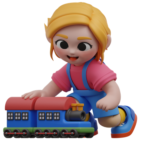 Girl Playing Toy Train  3D Illustration