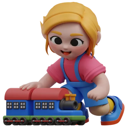 Girl Playing Toy Train  3D Illustration