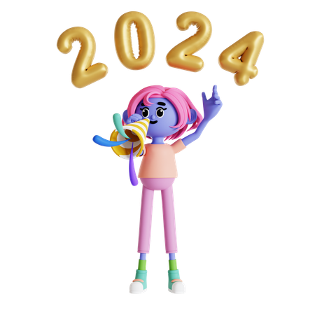 Girl playing trumpet at new year party  3D Illustration