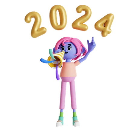 Girl playing trumpet at new year party  3D Illustration