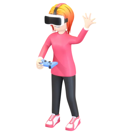 Girl playing virtual game 3D Illustration