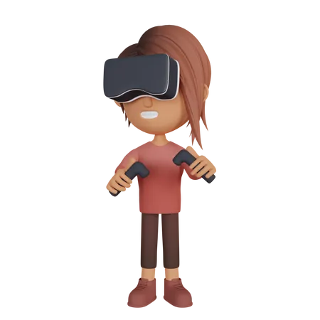 Girl Playing Virtual Reality Game  3D Illustration