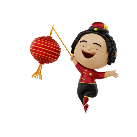 Girl playing with Chinese lantern  3D Illustration