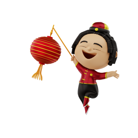 Girl playing with Chinese lantern  3D Illustration