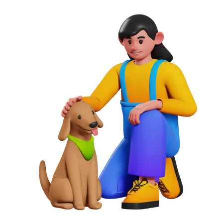 Girl playing with pet dog 3D Illustration