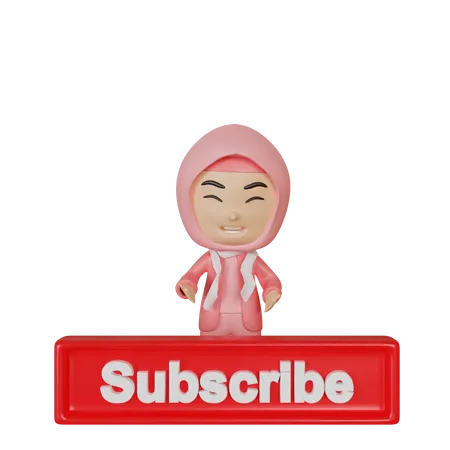 Girl pointing hands at subscribe button  3D Illustration