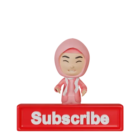 Girl pointing hands at subscribe button 3D Illustration