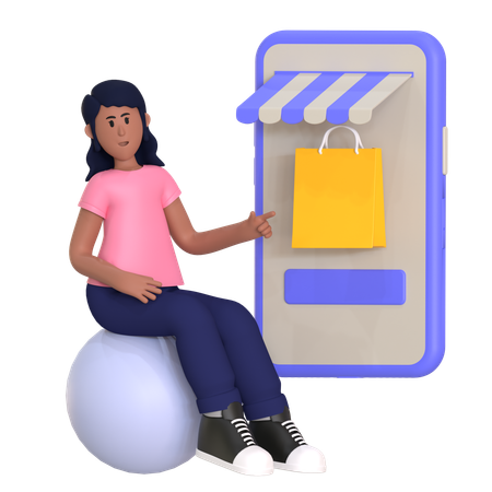 Girl Pointing Shopping App  3D Illustration