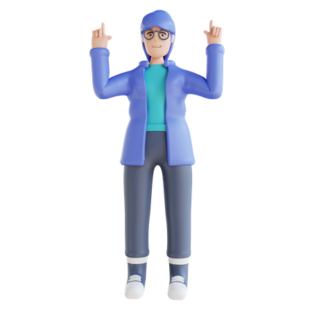 Girl pointing something on his up side  3D Illustration