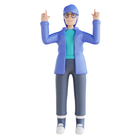 Girl pointing something on his up side  3D Illustration