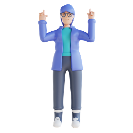 Girl pointing something on his up side 3D Illustration