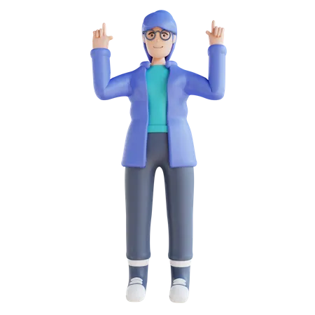 Girl pointing something on his up side 3D Illustration