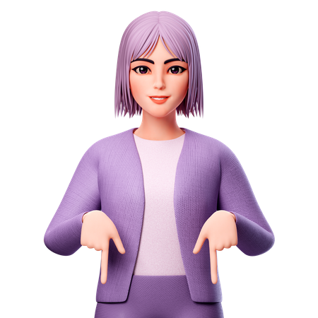 Girl Pointing To Down Side Using Both Hand  3D Illustration