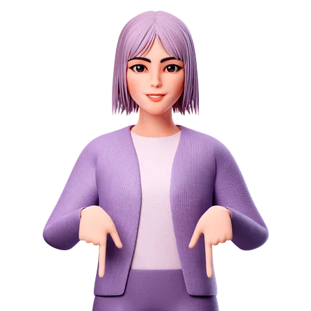 Girl Pointing To Down Side Using Both Hand  3D Illustration