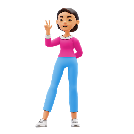 Girl pointing two fingers 3D Illustration