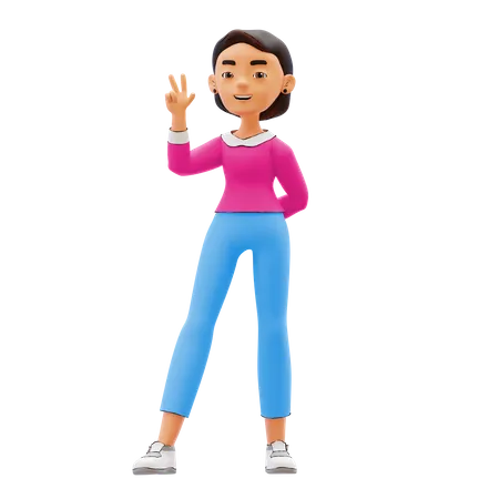 Girl pointing two fingers 3D Illustration