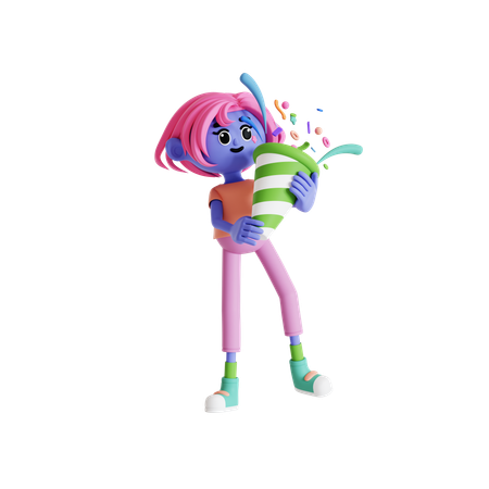 Girl popping confetti and celebrating new year  3D Illustration