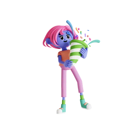 Girl popping confetti and celebrating new year  3D Illustration