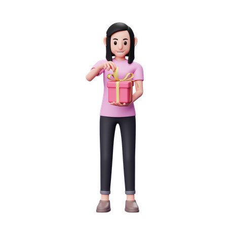 Girl pulling ribbon opening valentine gift  3D Icon