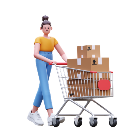 Girl Pushing Box Cart  3D Illustration