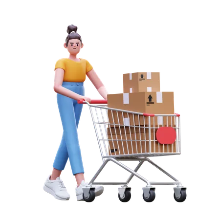 Girl Pushing Box Cart  3D Illustration