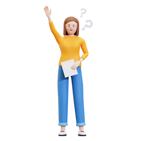 Girl Raising Hand Up For Asking Question  3D Illustration