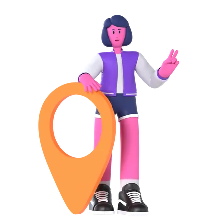 Girl reached at location point  3D Illustration