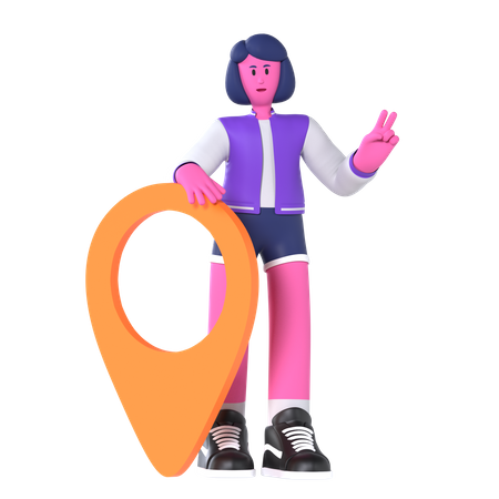 Girl reached at location point  3D Illustration