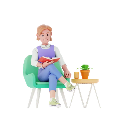 Girl Reading Book  3D Illustration