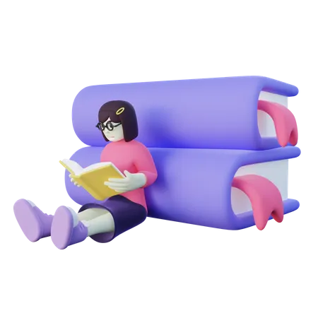 Stylized 3 D Bookworm Girl Reading Book Leaning On Big Book 3D Illustration