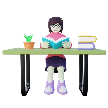 Stylized 3 D Bookworm Girl Reading Book Studying 3D Illustration