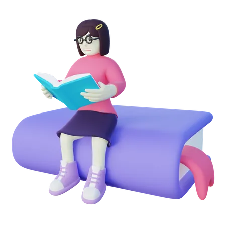 Stylized 3 D Bookworm Girl Reading Book 3D Illustration