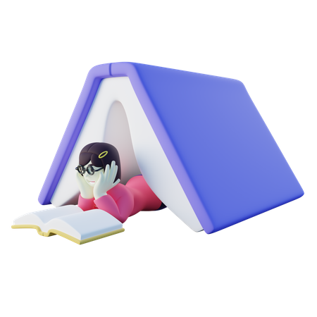 Girl Reading Book on Tent Shaped Book  3D Icon