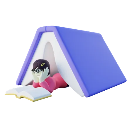 Stylized 3 D Bookworm Girl Reading Book On Tent Shaped Book 3D Illustration