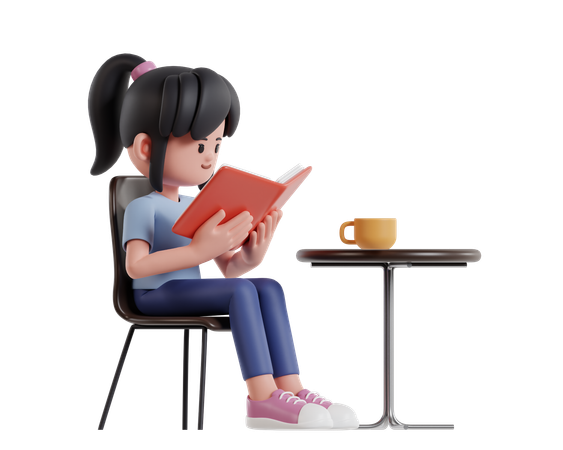 Girl Reading Book While Enjoying Coffee In Cafe  3D Illustration