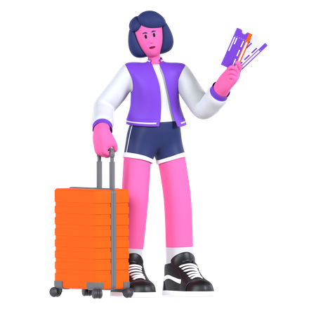 Girl ready with flight ticket for boarding  3D Icon