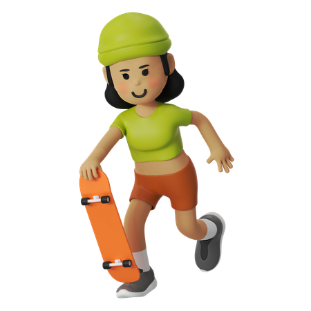 Girl Ready With Skateboard For Skating  3D Icon