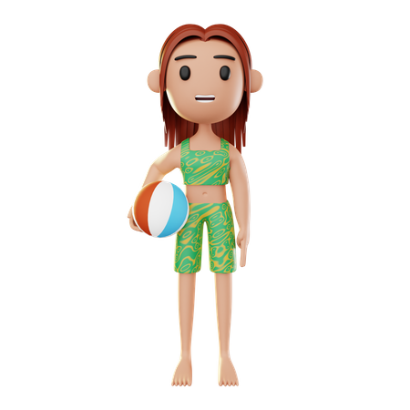 Girl relaxing on the beach and playing ball  3D Illustration