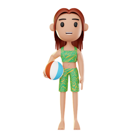 Girl relaxing on the beach and playing ball 3D Illustration