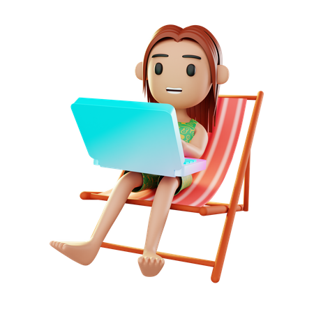 Girl relaxing on the beach and working laptop  3D Illustration