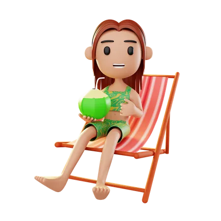 Girl relaxing on the beach drinking coconut water 3D Illustration