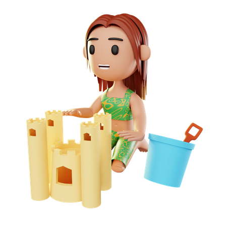 Girl relaxing on the beach playing sand castle  3D Illustration