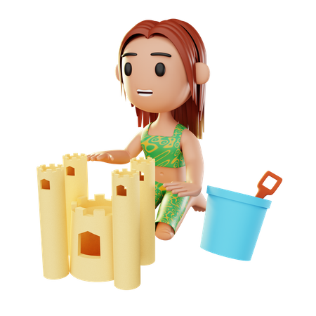 Girl relaxing on the beach playing sand castle 3D Illustration
