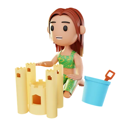Girl relaxing on the beach playing sand castle  3D Illustration