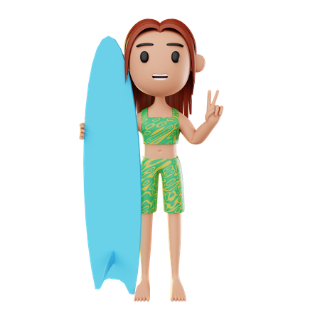 Girl relaxing on the beach playing surfing 3D Illustration