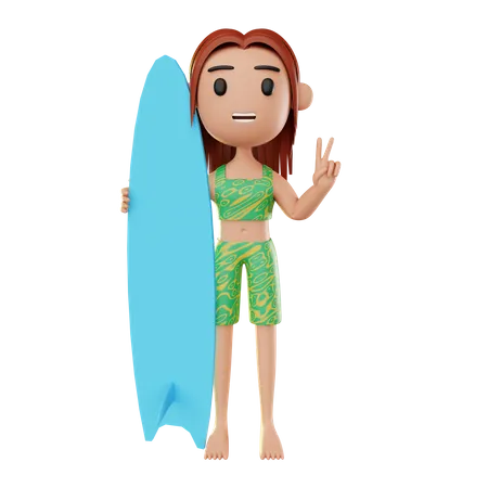 Girl relaxing on the beach playing surfing 3D Illustration