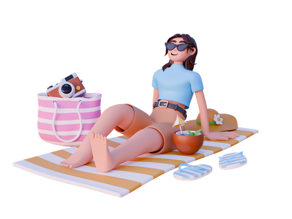 Girl Relaxing Sitting On Towel On Beach  3D Illustration