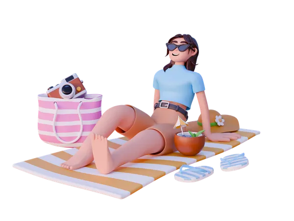 Girl Relaxing Sitting On Towel On Beach  3D Illustration