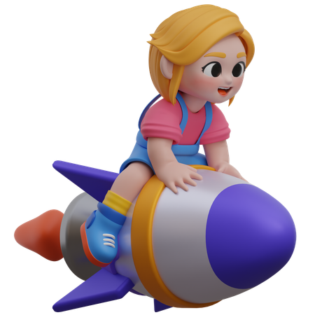 Girl Ride A Rocket  3D Illustration