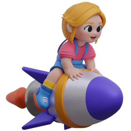 Girl Ride A Rocket  3D Illustration